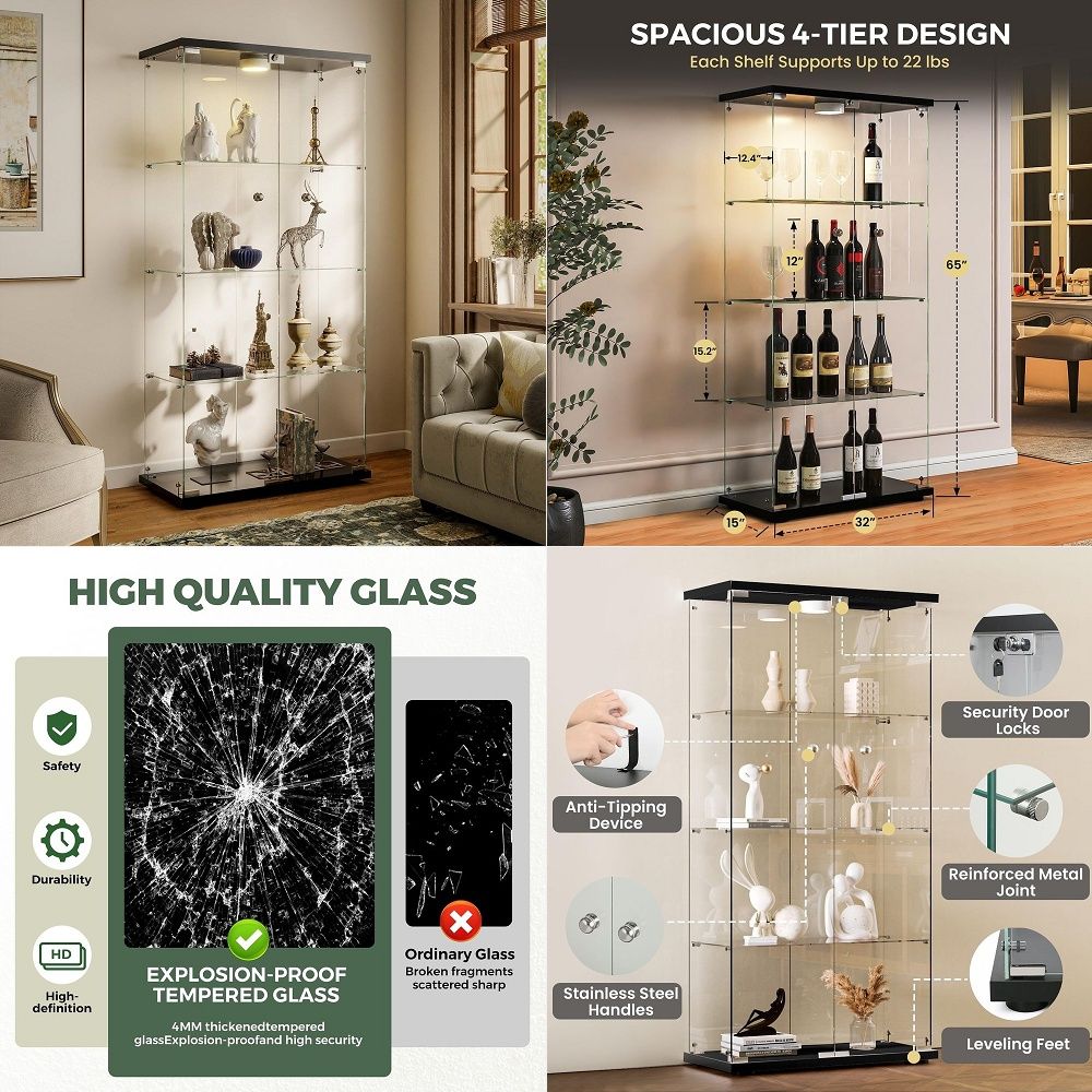Glass Cabinet Display - Vitrine mit LED-Beleuchtung und Schloss, 4-Regal-Kuriositätenschrank