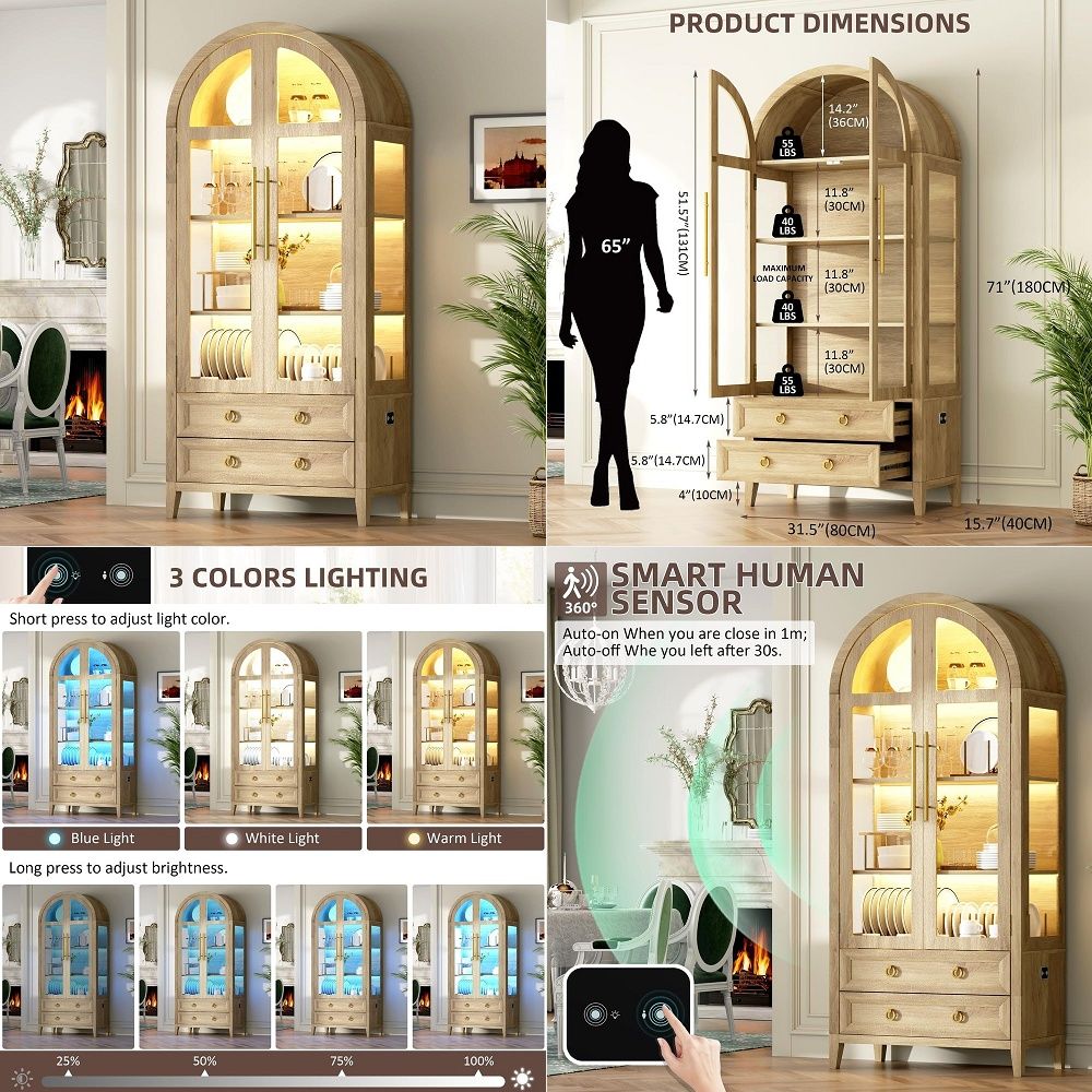 Glass Cabinet Display - 71-Zoll-Bogenvitrine mit Glastüren, 4 Regalböden und