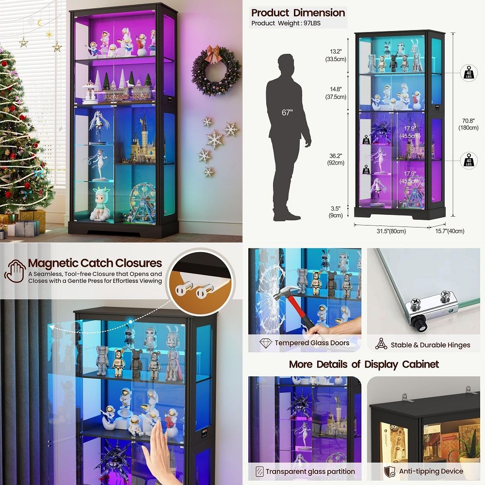 Glass Cabinet Display - Beleuchteter Eck-Vitrinenschrank, Holzregal mit Gebogenen Regalen